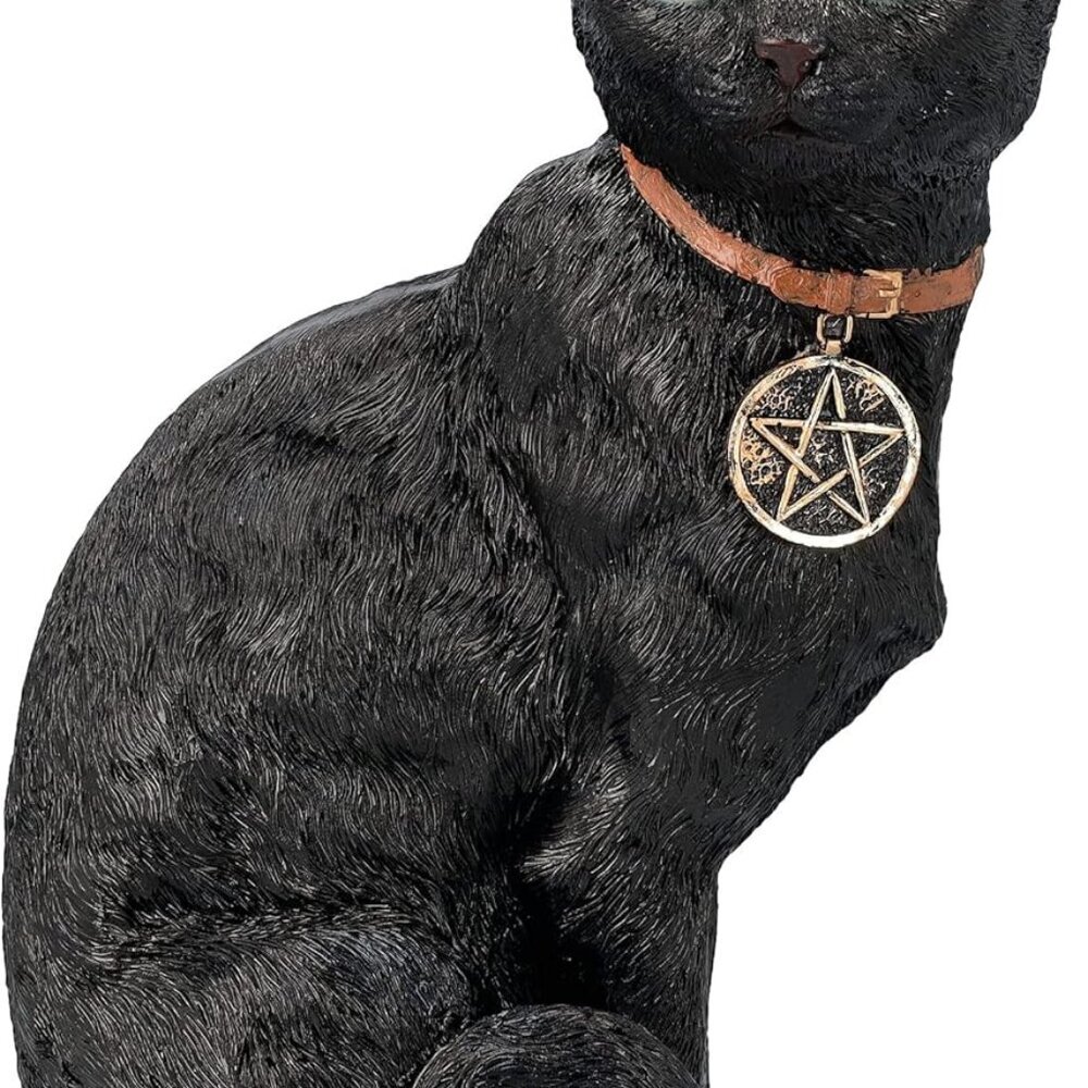 Realistic Black Cat Sculpture with Crescent Moon and Wicca Charm 12” Tall